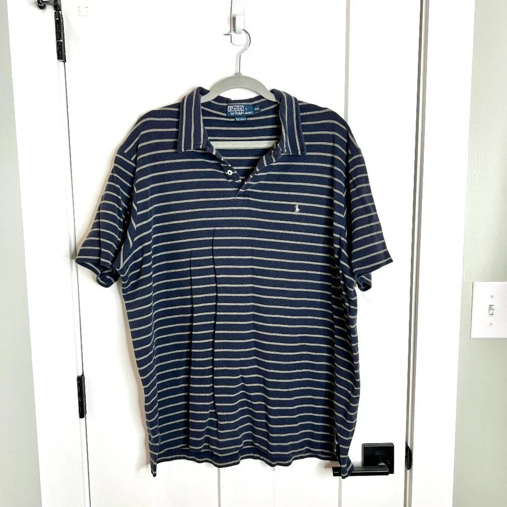 Polo Ralph Lauren Navy Blue Striped Terry Cloth Knit Polo Men's Shirt XXL